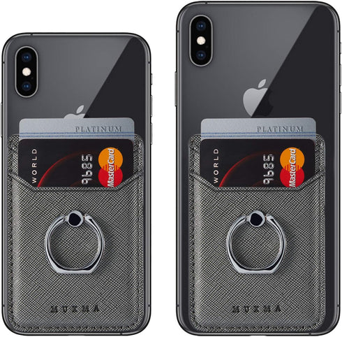 BIAJIYA RFID Blocking Card Holder for Back of Phone with Ring, Leather Stick on Wallet for iPhone/Android (Gun-Metal