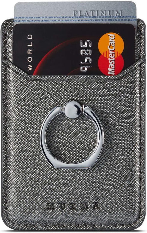 Phone Card Holder with Ring Grip for Back of Phone, Adhesive Stick-on Credit Card Wallet Pocket for Smartphones (Gun