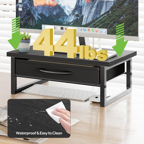 2-Tier Ekisemio Monitor Stand with Fabric Drawer Wood and Metal Computer Riser, Desk Organizer for Office, Black