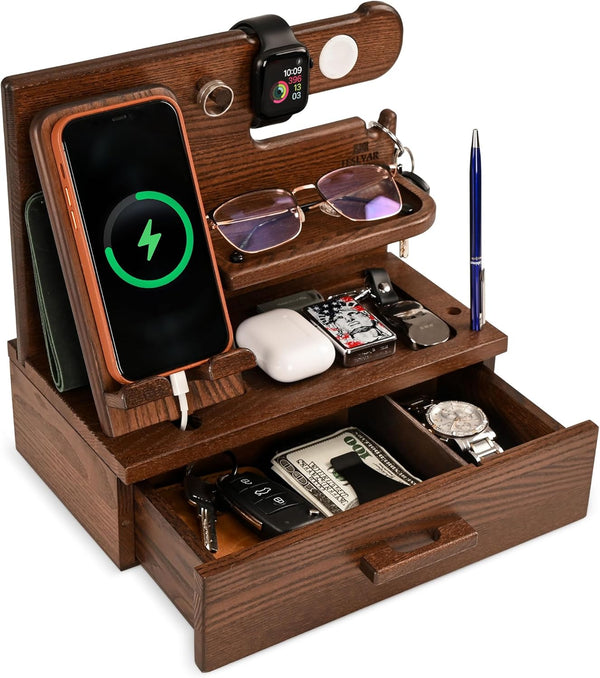 TESLYAR Wood Phone Docking Station with Drawer, Desk Accessories & Workspace Organizer for Nightstand (Brown)