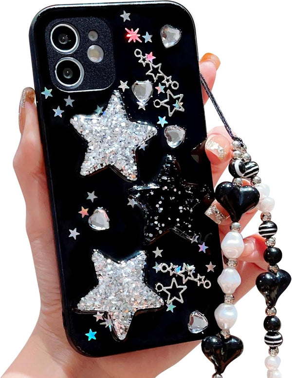 Cute 3D Bling Glitter Case for iPhone 11, White Black Stars with Pearl Bracelet Chain Design