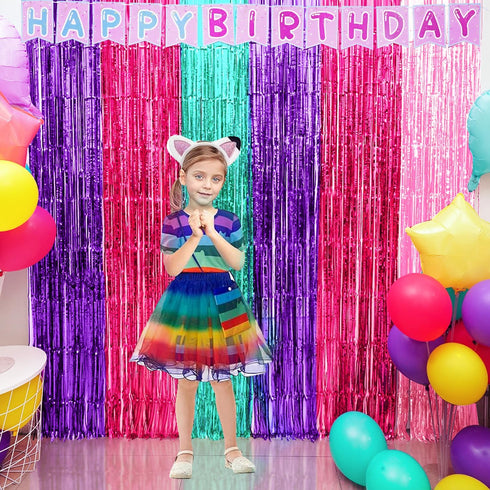 Satankya 2 Pack Cute Dollhouse Birthday Decorations, Dollhouse Party Photo Booth Prop, Purple Pink Teal Fringe Curtains