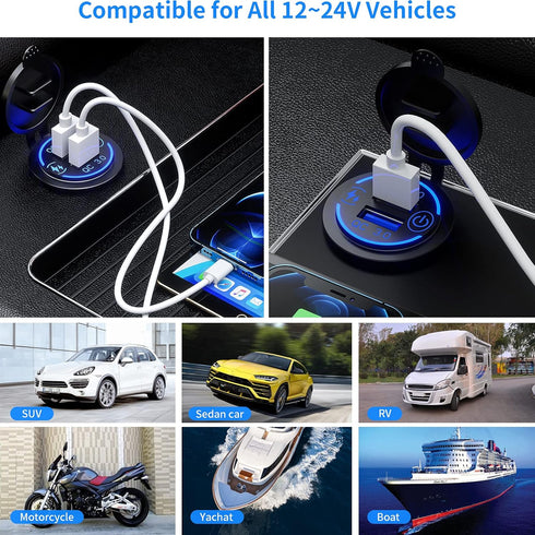 Kewig Quick Charge 3.0 Dual USB Charger Socket, Waterproof 36W, Fast Charge with Touch Switch & Blue LED DIY Kit