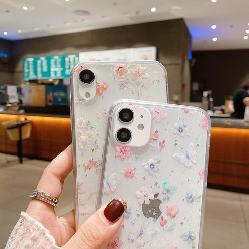 Compatible with iPhone XR, Cute Clear Sparkly Bling Star Flowers Pattern Soft Slim Fit Protective Cover, 6.1"