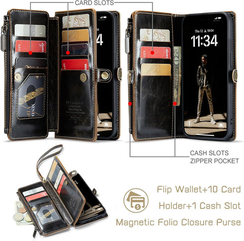 Defencase iPhone 11 Wallet Case, RFID Blocking Card Holder for Women and Men, PU Leather Magnetic Snap Flip Case, Coffee