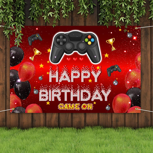 Video Game On Happy Birthday Backdrop Banner Decorations for Boys Kids, Red and Black Level Up Theme
