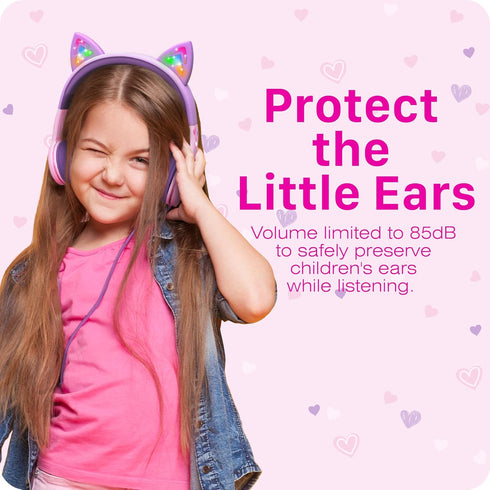 FosPower Kids Headphones with LED Light Up Cat Ears, 3.5mm On Ear Audio Headphones, Baby Pink/Lavender