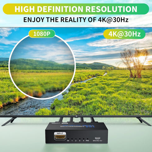 BolAAzuL HDMI Splitter 1 in 4 Out, 4K 30Hz Duplicator Adapter for 4 Displays, Supports Full HD 1080P, PS3, PS4,