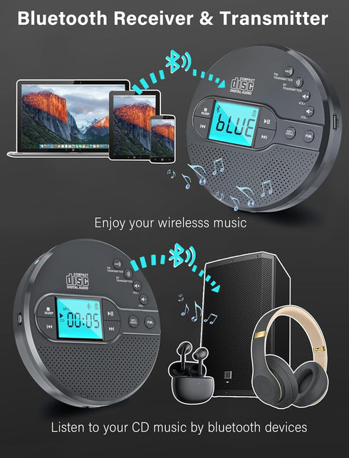 AFU 2000mAh 3.5mm MP3 Portable CD Player with Rechargeable Battery-Bluetooth Connect CD Player with Headphones Jack,FM