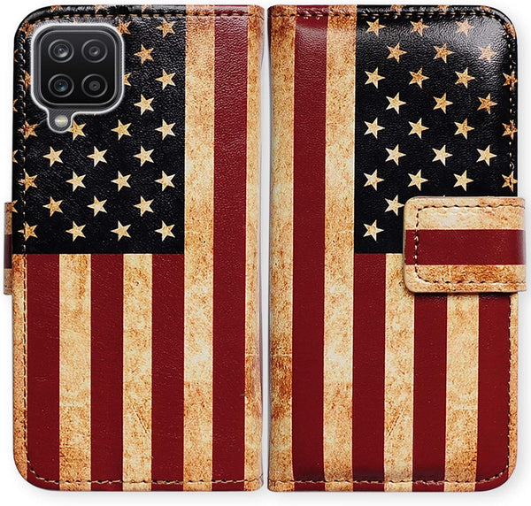 Galaxy A12 Case, Retro American Flag Leather Flip Wallet Cover with Card Slot Holder Kickstand for Samsung A12 2021