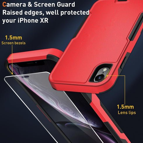 iPhone XR Phone Case with Shockproof Belt Clip Kickstand & 2X Tempered Glass Screen Protector, Heavy Duty Red Cover