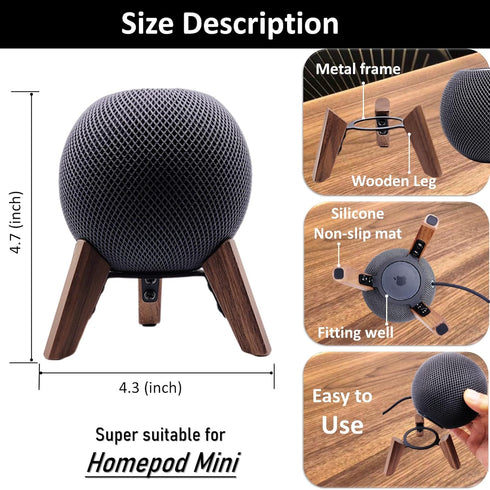 Real wood stand for Homepod mini(2020 released), wooden holder tripod with metal frame,safe stable Mount with anti-slip silicone pad protects home pod mini speaker well (Color:Walnut)