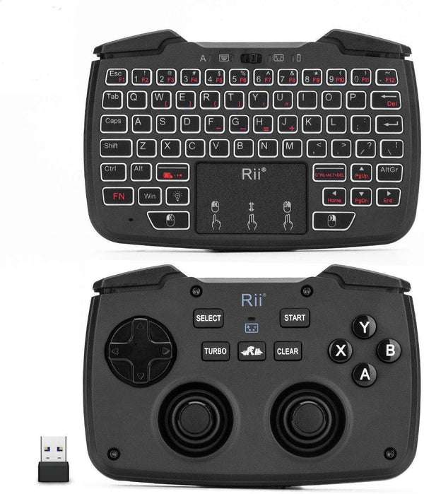 Rii RK707 Backlit 3 in 1 Wireless Game Controller, 62-Key Rechargeable Keyboard Mouse Combo for PC/Raspberry Pi/Android