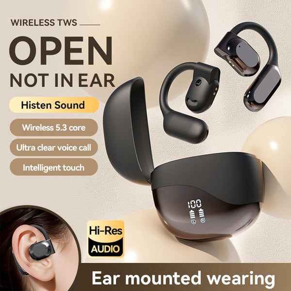 Wireless Earbuds Open Ear Headphones, Air Conduction with LED Power Display, Sport Bluetooth 5.3 Earhooks, Black