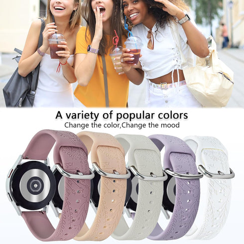 Bands for Samsung Galaxy Watch 7/6/5/4, 40mm 44mm with Charms, Women Flower Engraved Silicone Strap