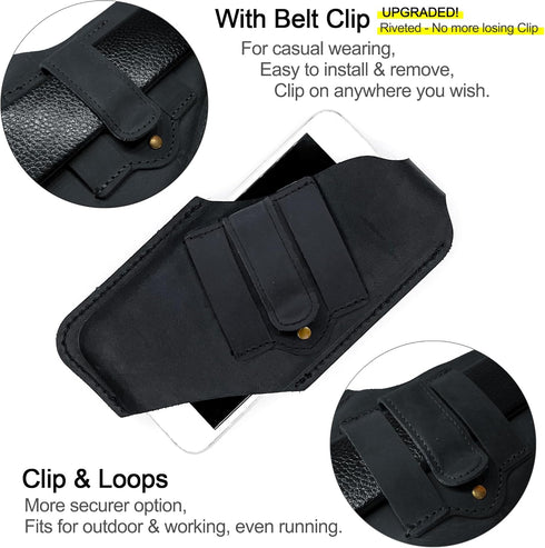 TobbinGear Left Handed Leather Cell Phone Holster with Belt Clip, Leather Belt Phone Pouch, Universal Leather Phone Case on Belt, Phone Holder for iPhone, Cell Phone Sheath Large Black Color