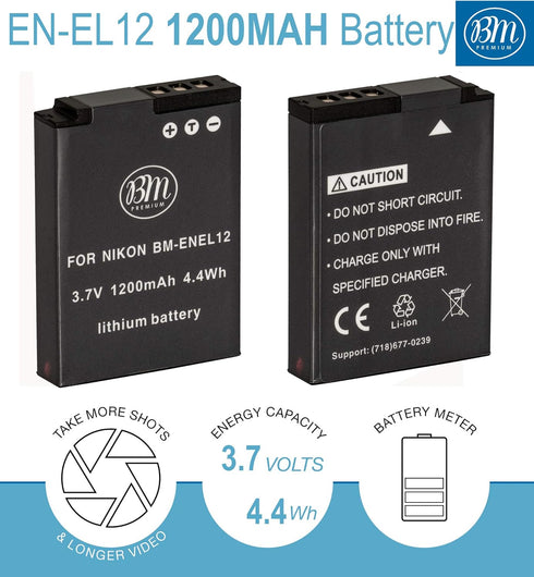 BM Premium EN-EL12 Battery and Charger for Nikon Coolpix A1000 B600 W300 A900 AW100 AW110 AW120 AW130 S6300 S8100 S8200 S9050 S9200 S9300 S9400 S9500 S9700 S9900 P310 P330 P340 KeyMission 170, 360