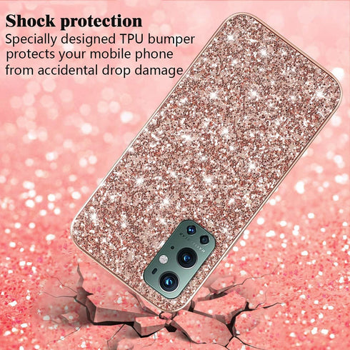 OnePlus 9 Pro Case - Glitter Shockproof Bling Soft TPU & PC, Thin Protective Cover for Women (Rose Gold)