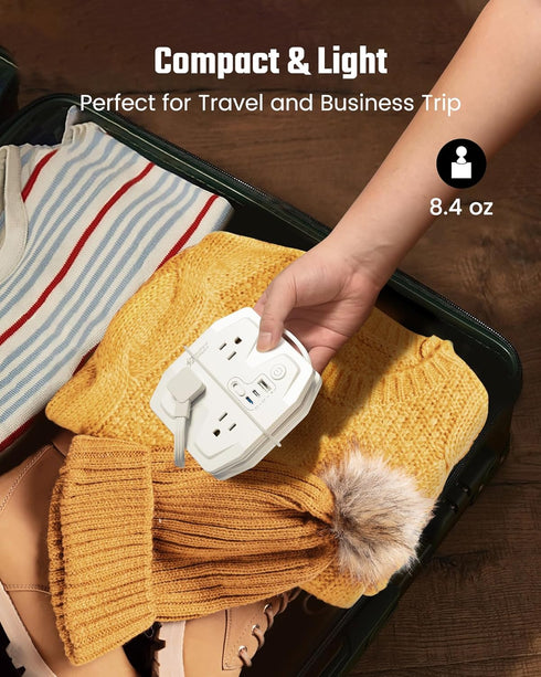 20W Travel Power Strip, SUPERDANNY 3-Foot Extension Cord with 3 Outlets & 3 Fast Charging USBs, White