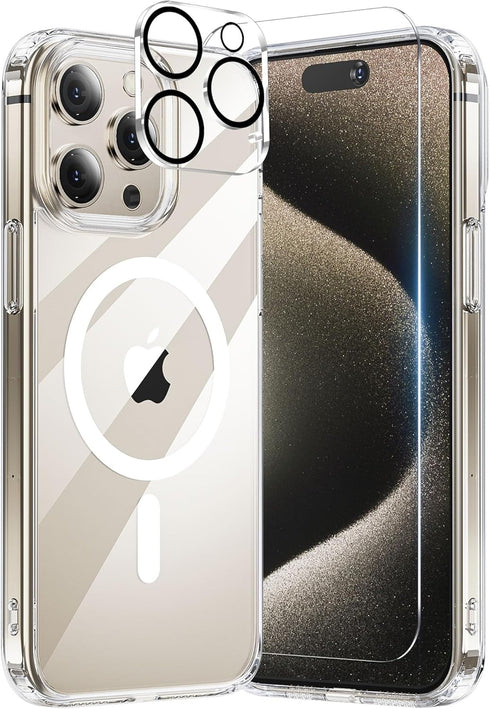 for iPhone 15 Pro Max Case, with 1X Screen Protector + 1X Camera Lens Protector, Compatible with Magsafe [Yellowing