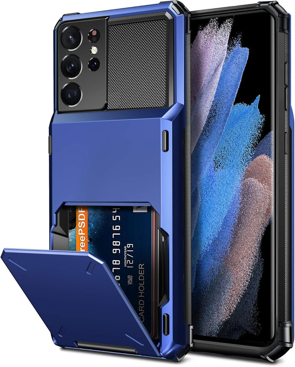 Vofolen Wallet Case for Galaxy S21 Ultra, Credit Card Holder, 4-Card Flip Cover, Dual Layer Hybrid Hard Shell (Navy)