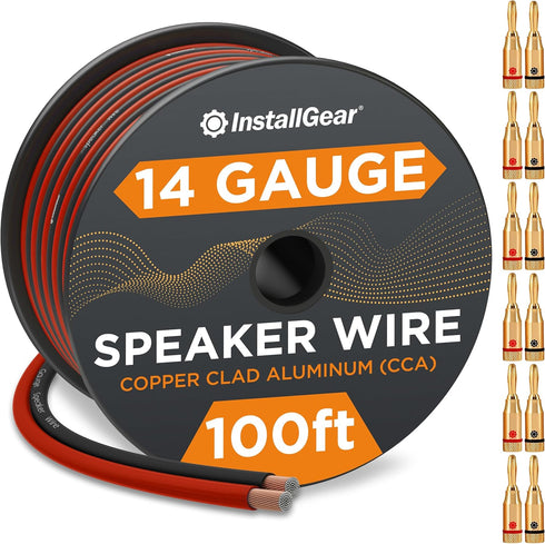 InstallGear 14 AWG Speaker Wire Cable (100 Foot + 12 Banana Plugs) - True Spec Soft Touch for Car, Home Theater,