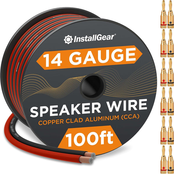 InstallGear 14 AWG Speaker Wire Cable (100 Foot + 12 Banana Plugs) - True Spec Soft Touch for Car, Home Theater,
