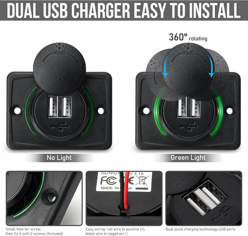 12V RV USB Charger, Quick Charger 3.0 Wall Mount USB Charging Station for Car Camper Boat Marine (Black A74)