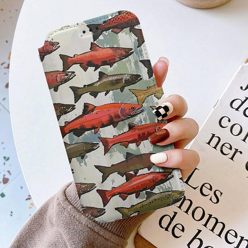 ZHANLEI 15, Salmon Printed Phone Wallet Case for iPhone PU Leather Flip Phone Cases Cover with Card Slots and Wrist