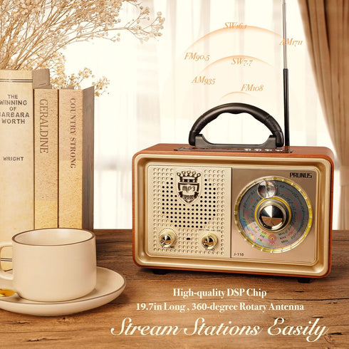 PRUNUS J-110 Retro Vintage Portable Radio AM FM, Battery Powered & Rechargeable, Shortwave Radio