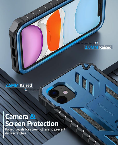 FNTCASE iPhone 11 Case: Shockproof Military Grade, Dual Layer Protection, Kickstand, Matte Textured, 6.1" Blue.