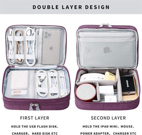 Travel Cable Organizer Bag, Portable Double Layer Case for Cord, Phone, Charger, SD Card (Purple)