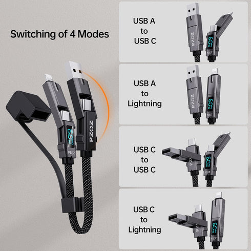 pzoz Portable Keychain Charger Short Cable with LED Display, 4-in-1 Multi USB C Fast Charging Combo Lightning/Type C/USB A/USBC Ports for iPhone iPad MacBook AirPods Samsung Google (60W, 7.3 inchs)