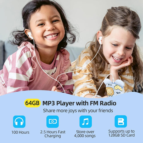 RUIZU 64GB Bluetooth MP3 Player for Kids, Cartoon Zoo Music Player with Speaker, FM Radio, Voice Recording, Expandable