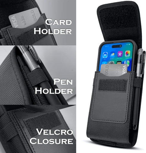Cell Phone Pouch Belt Holster Case for iPhone 15, 14, 13 Pro, Samsung Galaxy S24, ID Card Slot, Black