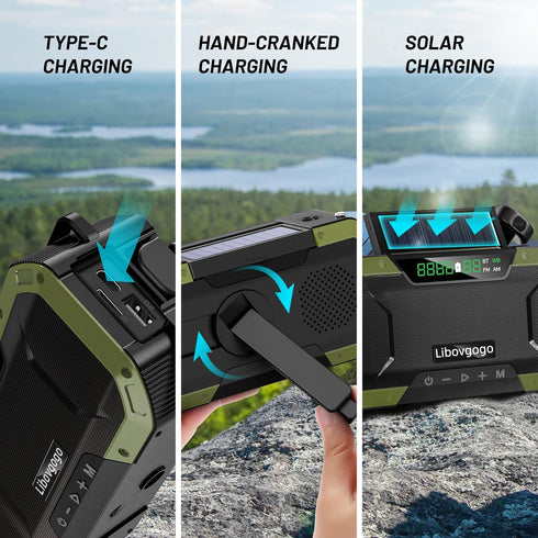 Emergency Radio Waterproof Bluetooth Speaker, Portable AM FM Radio with Flashlight and Solar Panel