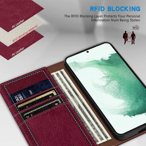 ZZXX Wallet Case for Samsung Galaxy S22 Plus, Wine Red Magnetic Leather Flip with RFID Blocking Card Slot Stand