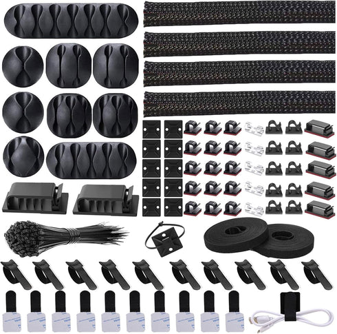 Cord Management Organizer Kit, 4 Cable Sleeve Split with 41 Self Adhesive Clips, 10pcs, 2 Rolls, 100 Ties for Home