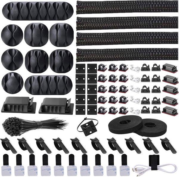 Cord Management Organizer Kit, 4 Cable Sleeve Split with 41 Self Adhesive Clips, 10pcs, 2 Rolls, 100 Ties for Home