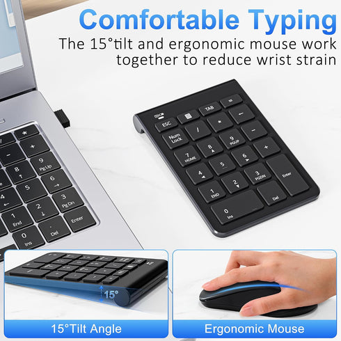 Rytaki 22 3 Set, 2.4GHz Wireless Number Pad and Mouse, Keys USB Keypad and Adjustable DPI Silent Mouse Numeric Pad