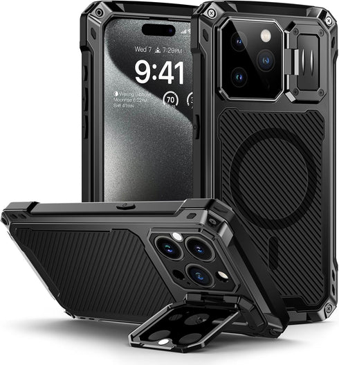 Lanhiem Metal Case for iPhone 15 Pro Max, Heavy Duty Shockproof Cover with Built-in Camera Kickstand & Glass Protector