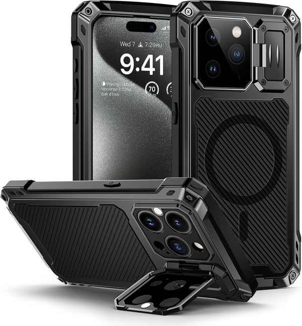 Lanhiem Metal Case for iPhone 15 Pro Max, Heavy Duty Shockproof Cover with Built-in Camera Kickstand & Glass Protector