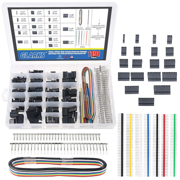 Glarks 1191Pcs 2.54mm Pitch Housing Connector and Male Female Crimp Pins with Pin Header and 10 Wire Rainbow Color Flat