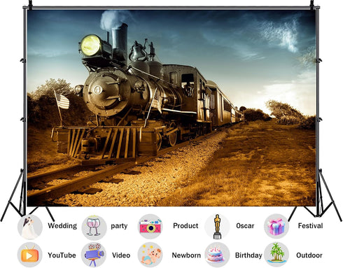 SHDASMIL 8X6ft Sunset Fabric Vintage Steam Locomotive Backdrop Train Tracks Background Western Cowboy Birthday Party