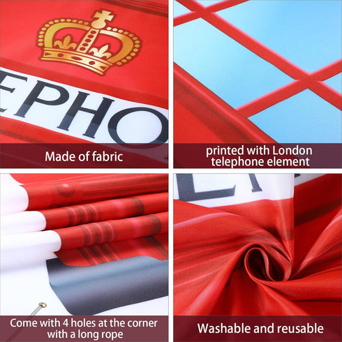 English Phone Booth Door Cover, Large Fabric Red Telephone Box Decor Banner for Photo Backdrop, 78.7 x 35.4 Inch