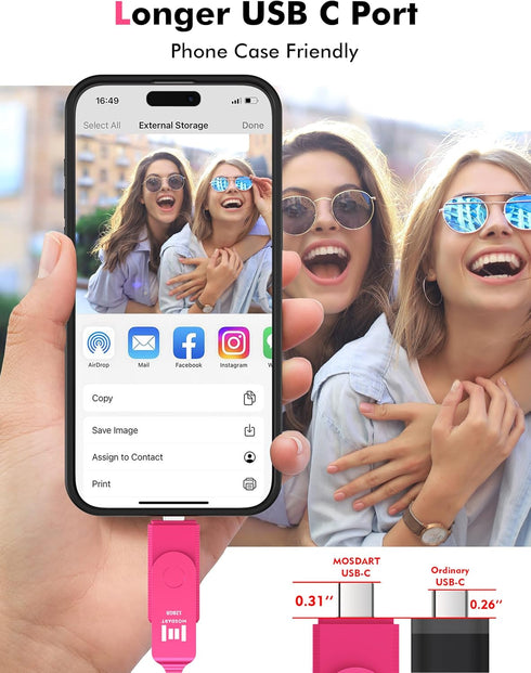mosDART 128GB 3.2 15,16,17, USB Fast Speed C and A Dual Flash Drive, exFAT Memory Stick with Keychain and LED