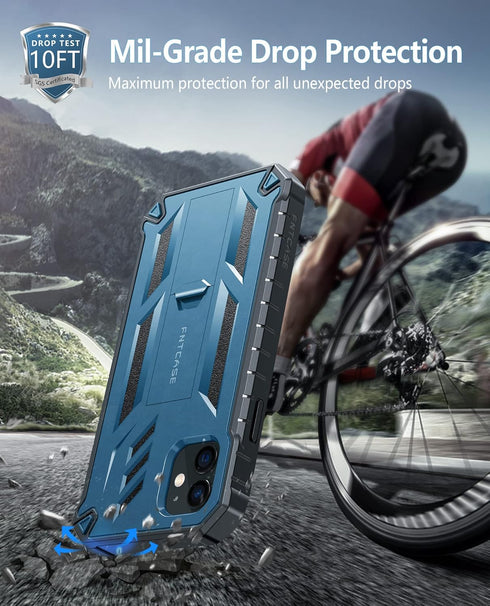 FNTCASE iPhone 12 Pro Case: Rugged Military Grade Drop Proof Cover with Kickstand, Matte Textured TPU, 6.1" - Blue