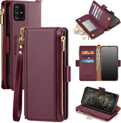 Antsturdy Galaxy A71 5G Case Wallet with Card Holder, RFID Blocking PU Leather Flip Shockproof Cover with Strap, Wine