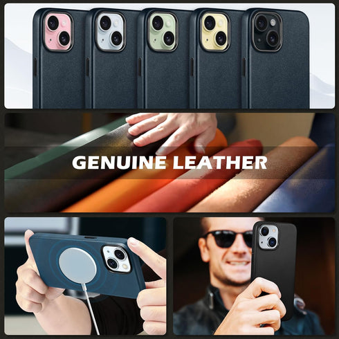 SHIELDON 15 2023, 15 6.1" Genuine Leather Case for iPhone Magnetic Wireless Charging Slim Non-Slip Anti-Scratch