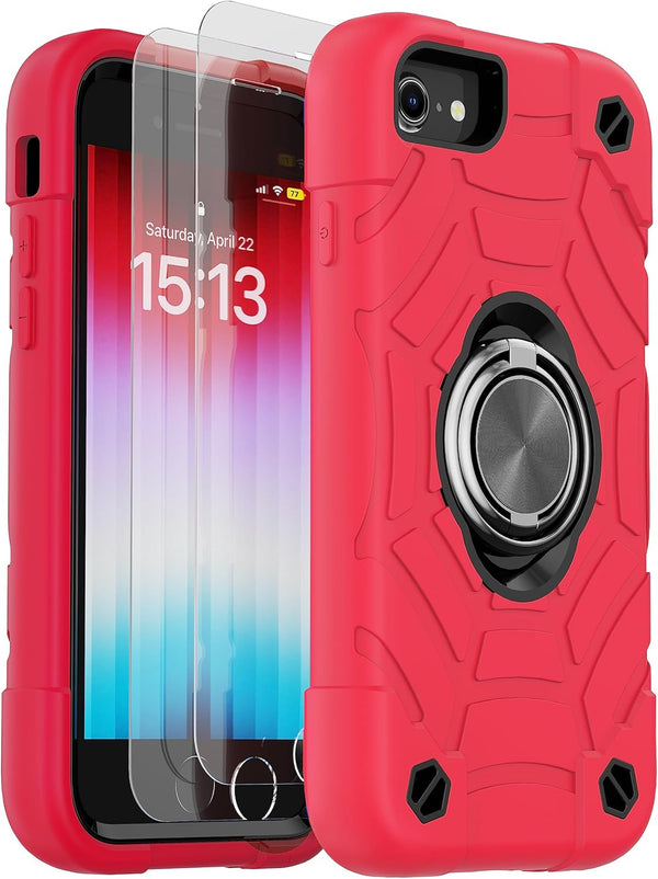 KCJ iPhone SE 2022/2020, 8/7/6/6S Case - Heavy Duty Full Body Protection with 2 Screen Protectors & Ring Stand